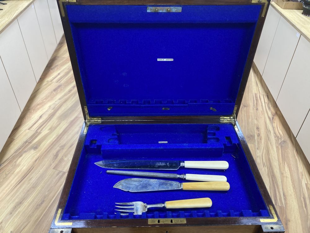 An early 20th century canteen, on stand, with single-lined drawers, lacks contents, width 52cm